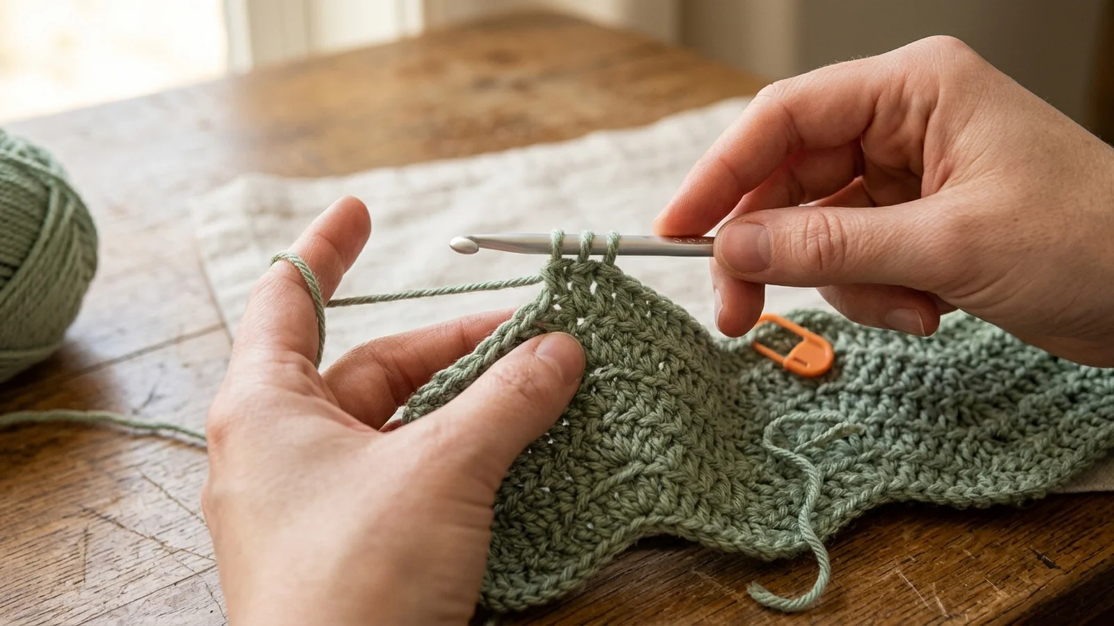 A sage green ripple swatch lying flat on an oak table with a measuring tape laid across it from one peak to the next.