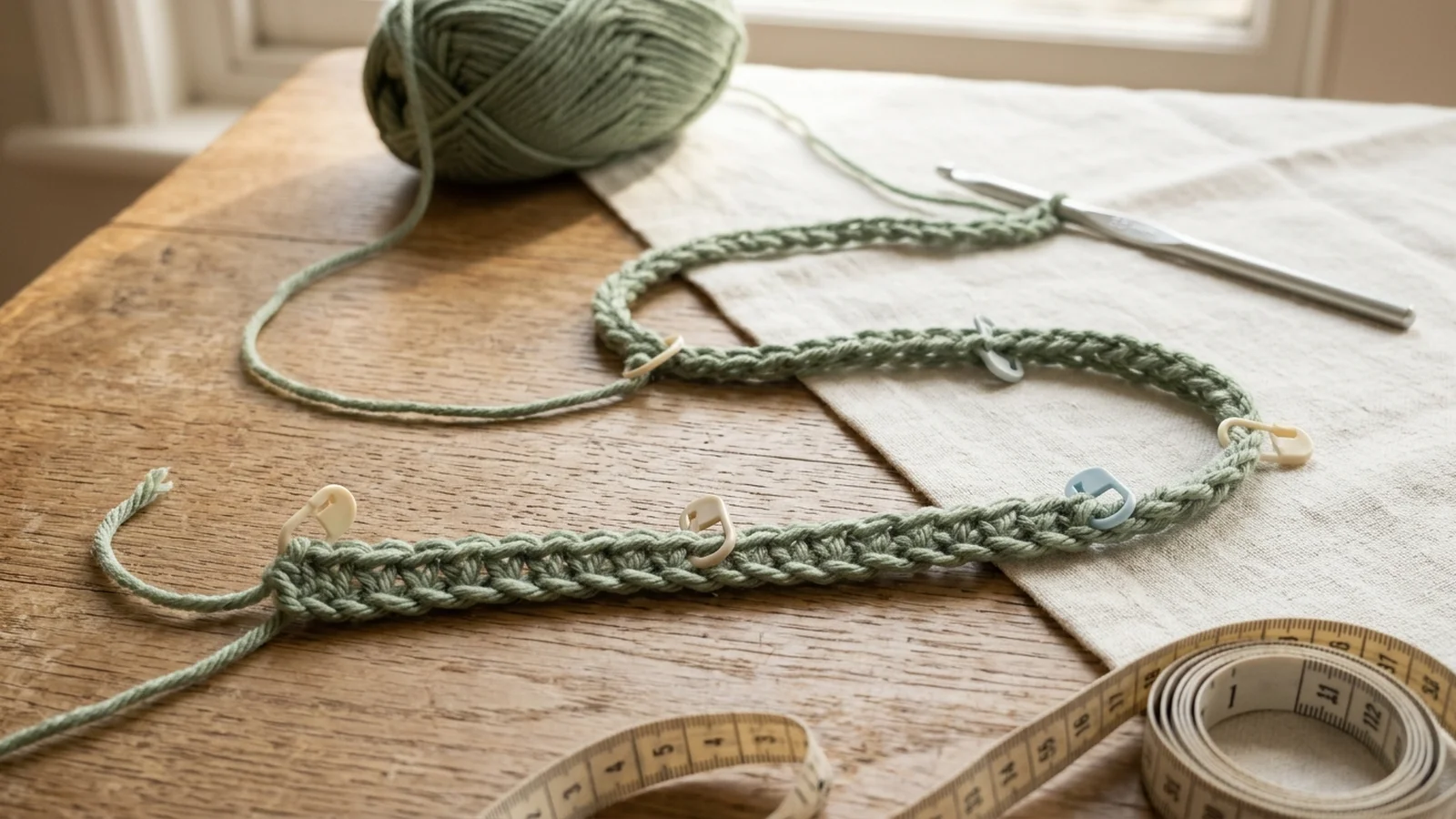 Close-up of several rows of sage green ripple fabric showing peaks of three double crochet stacked in columns above and below valleys of two decreases, with a stitch marker in one peak stitch.