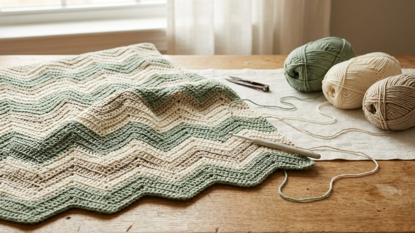 A folded striped ripple swatch in sage green, cream, and oatmeal two-row stripes with three matching balls of yarn beside it on an oak table.