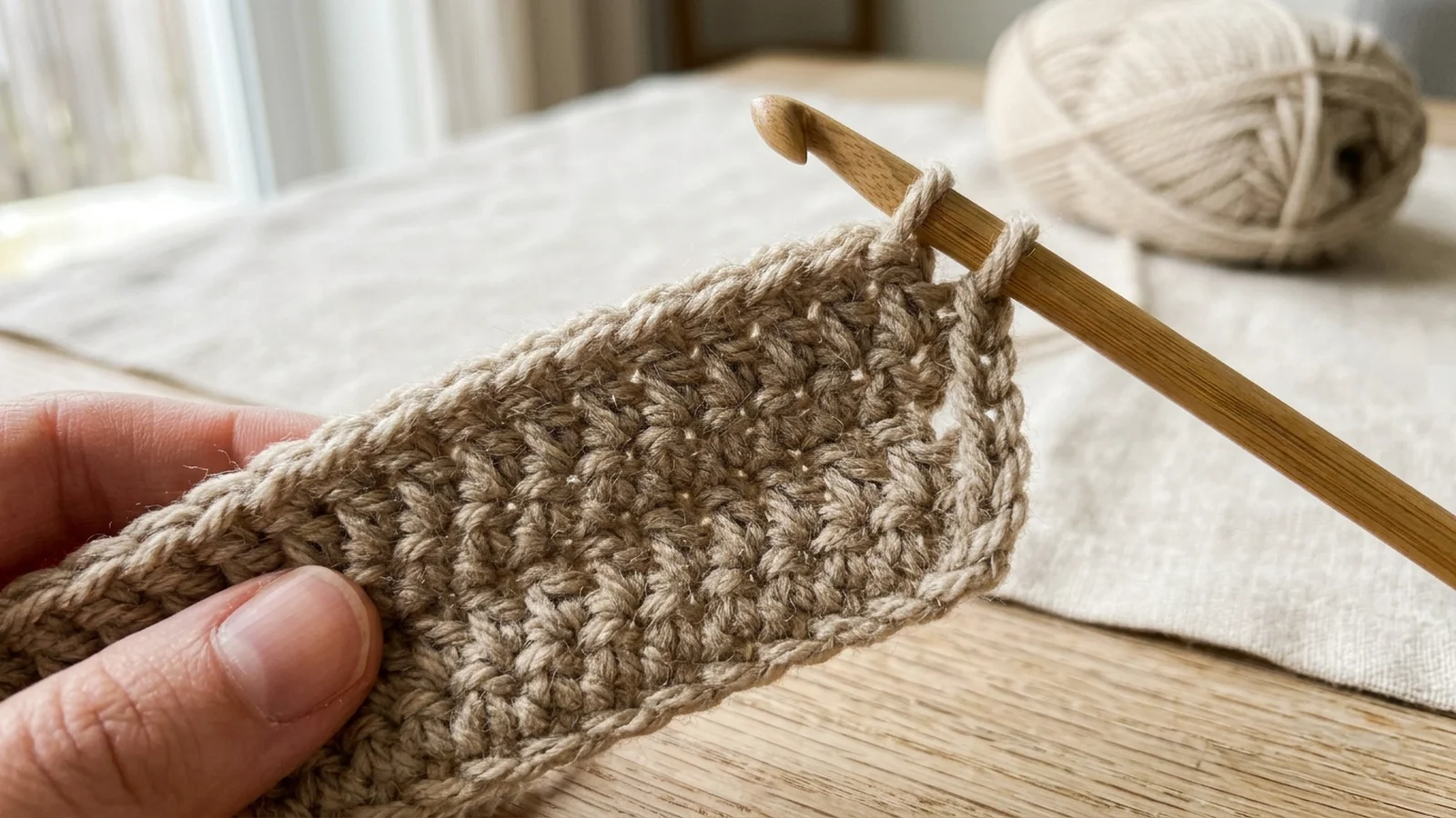 Close-up of the edge of a half double crochet row with the hook entering the last stitch beside the unworked turning chain.