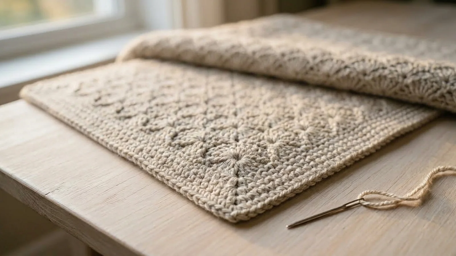 Close-up of the single crochet border along the edge of a crochet shell stitch blanket, including one corner with extra stitches worked to keep it flat.
