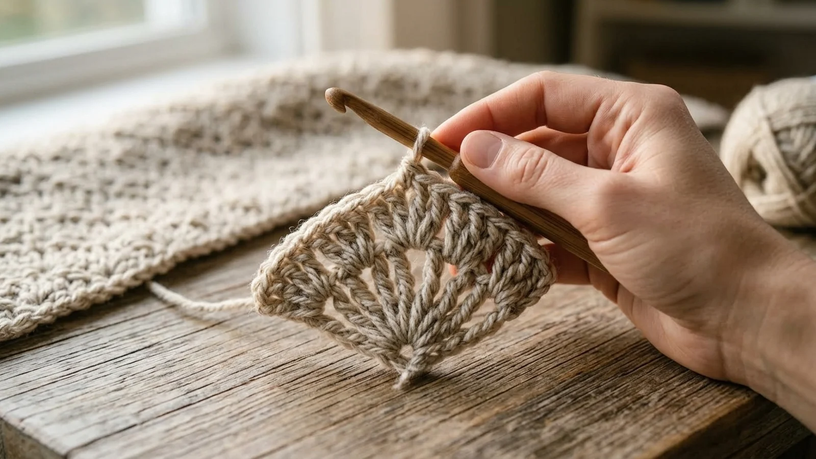 Close-up of a single crochet shell made of five double crochet stitches worked into one stitch, with a hook resting mid-stitch.