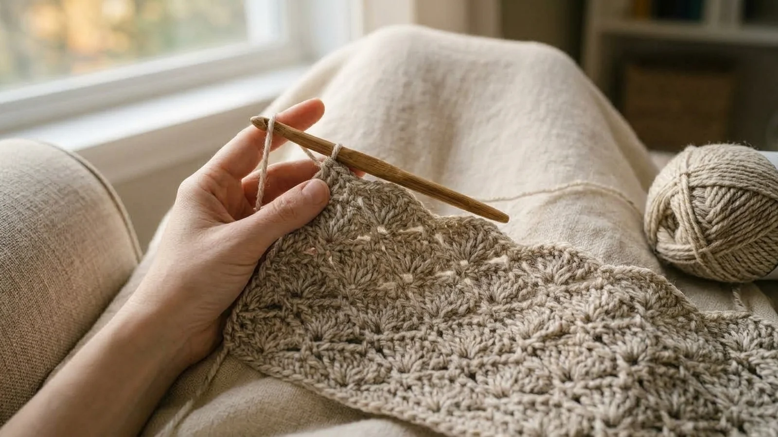 A partially finished crochet shell stitch swatch in progress, showing shells from one row sitting above the single crochet stitches of the row below.