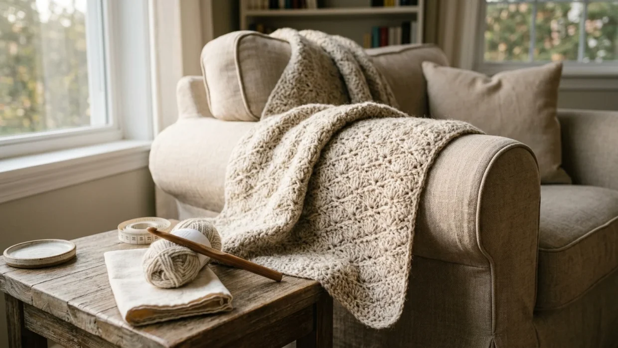 A folded oatmeal-colored crochet shell stitch throw blanket draped over the arm of a linen chair, showing rows of fan-shaped shells.