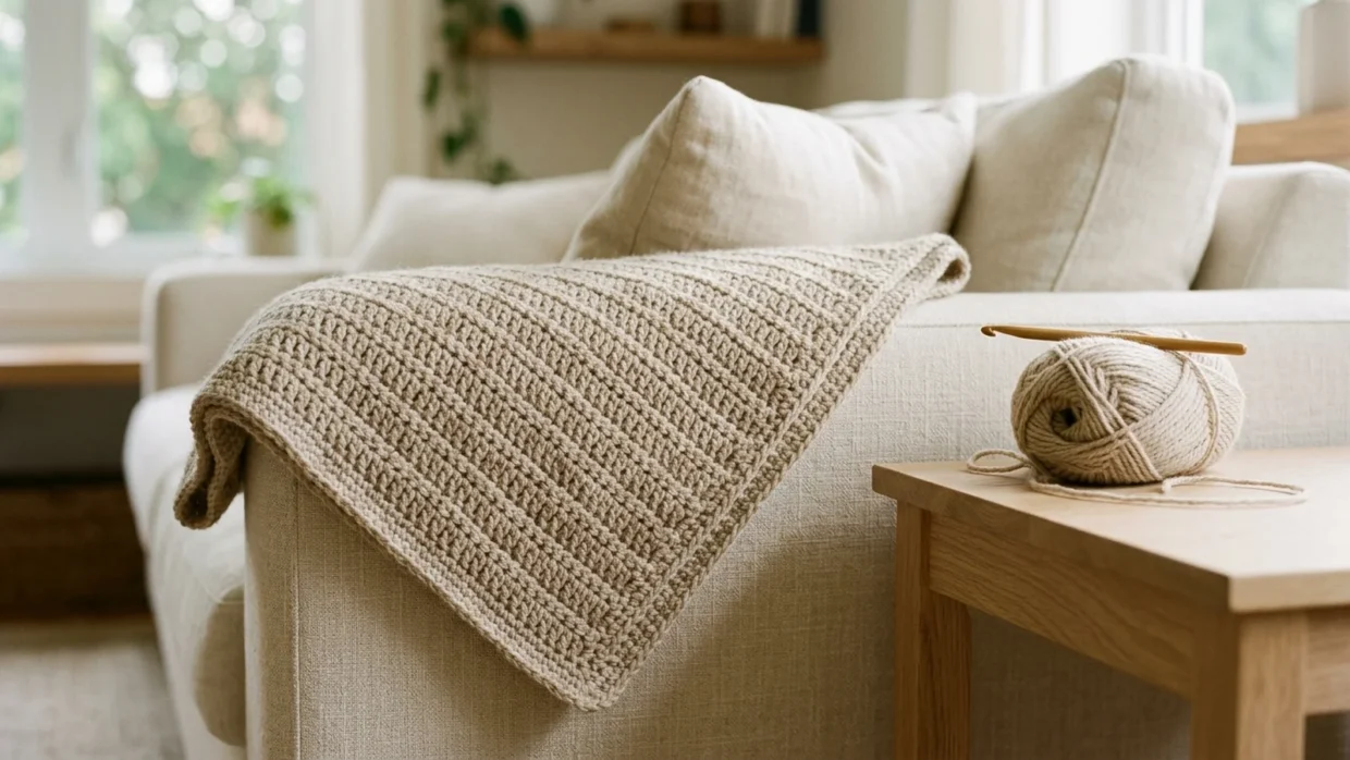 Finished half double crochet throw in soft oatmeal worsted yarn with a single crochet border, draped over the arm of a linen sofa.