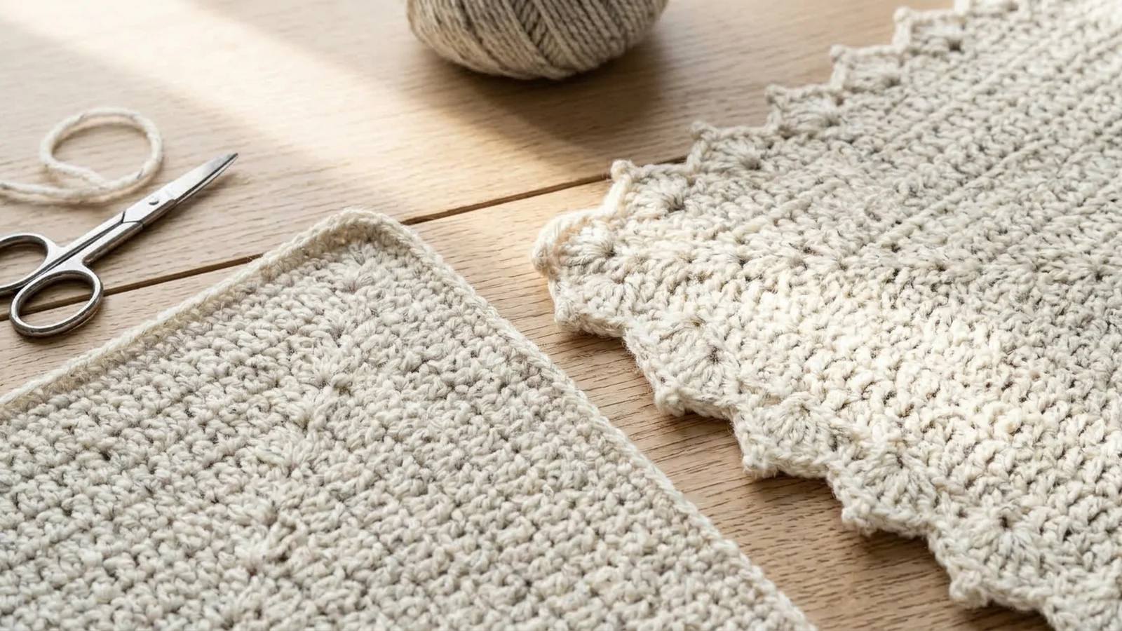 Two crochet blanket edge samples side by side, one finished with a single simple border round and the other with several decorative border rounds.