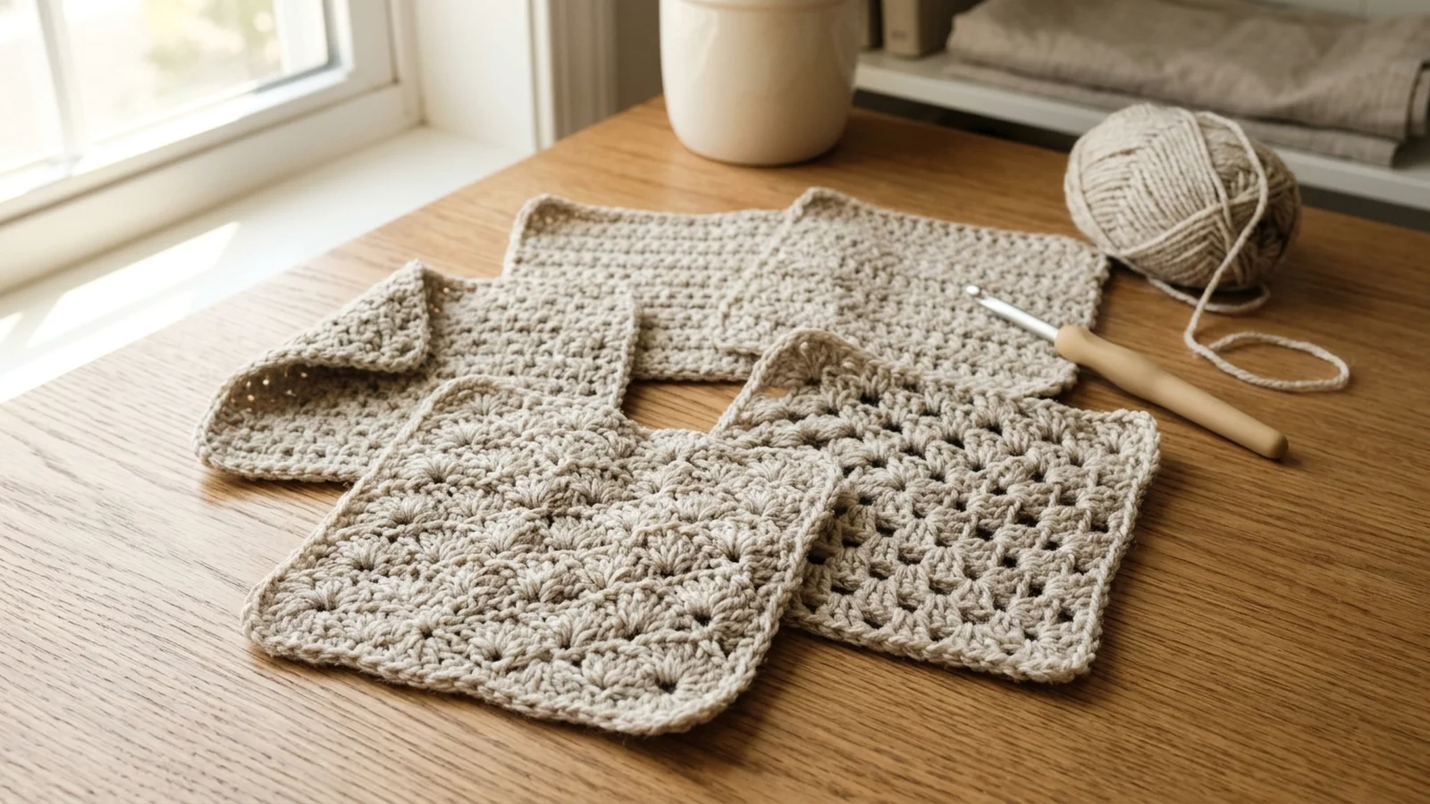 Close-up of a single crochet swatch beside a double crochet swatch in oatmeal yarn, showing the difference in stitch height.