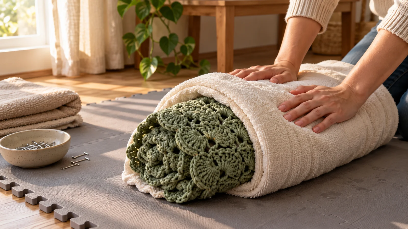A damp sage-green crochet blanket rolled inside a cream towel while hands press along the roll to absorb water.
