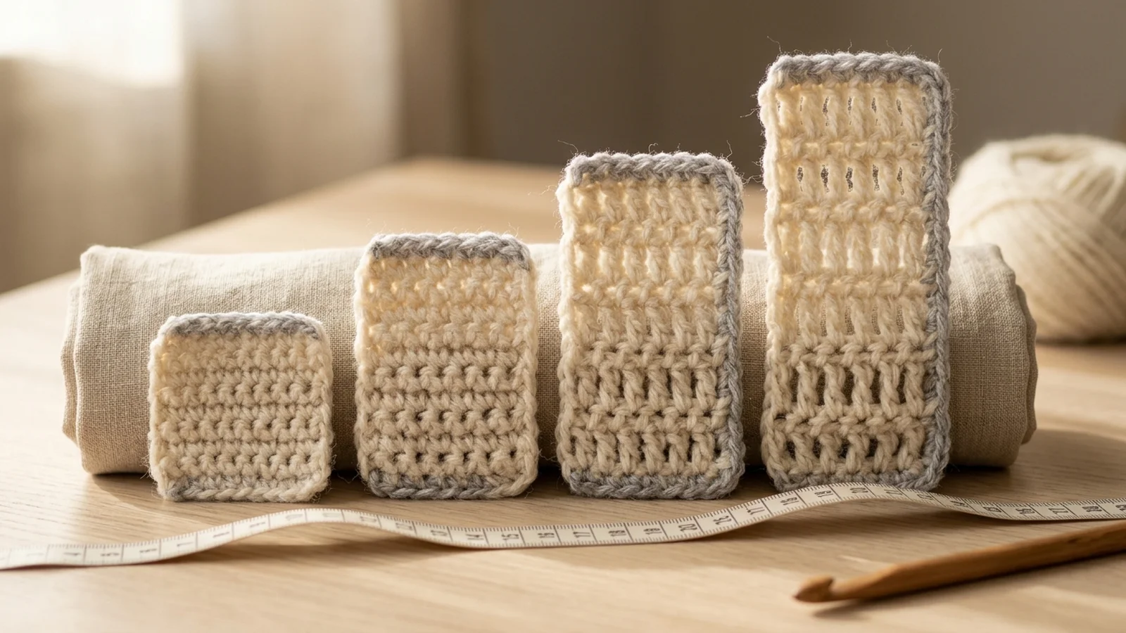 Close-up of four crochet swatches standing side by side showing how stitch height differs between single crochet, half double crochet, double crochet, and treble crochet.