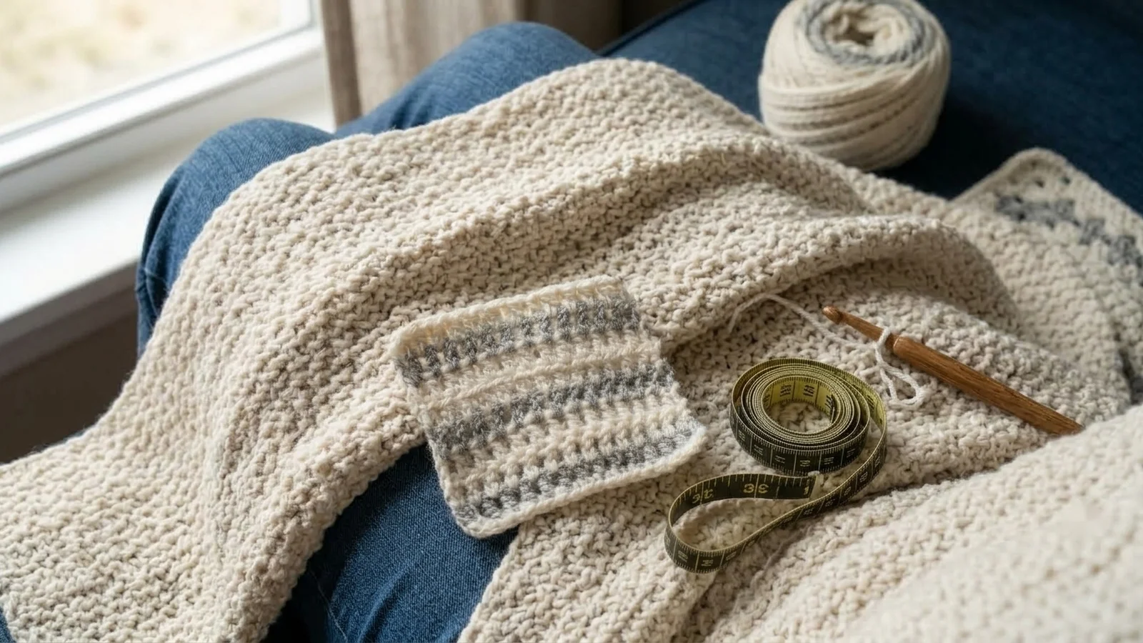 A small crochet gauge swatch placed on top of a much larger half-finished blanket panel in the same yarn, showing the size difference between the two.
