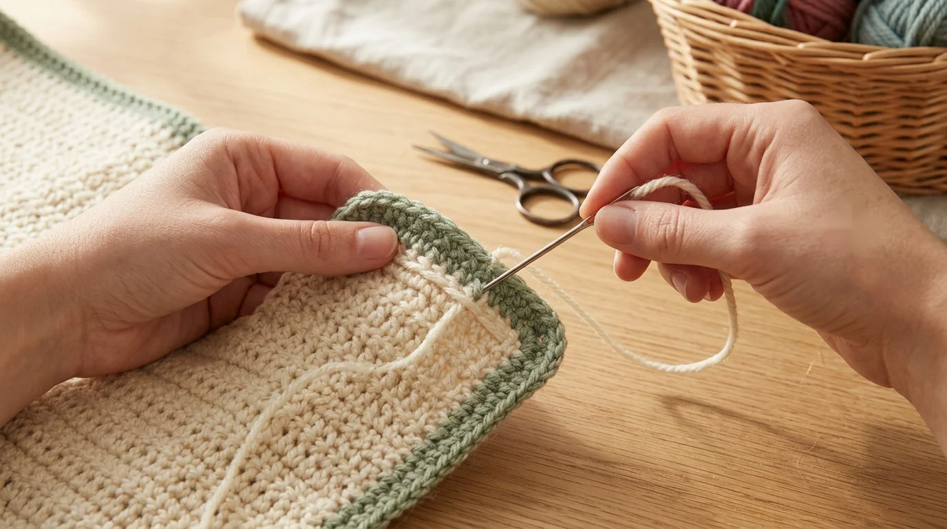 A hand weaving a cream yarn tail through the back of stitches near the sage border of a crochet blanket using a yarn needle.