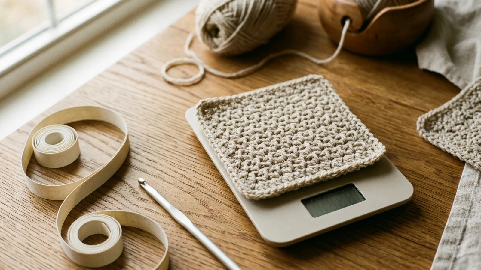 A crochet swatch in oatmeal yarn resting on a small digital kitchen scale beside a hook and a measuring tape.