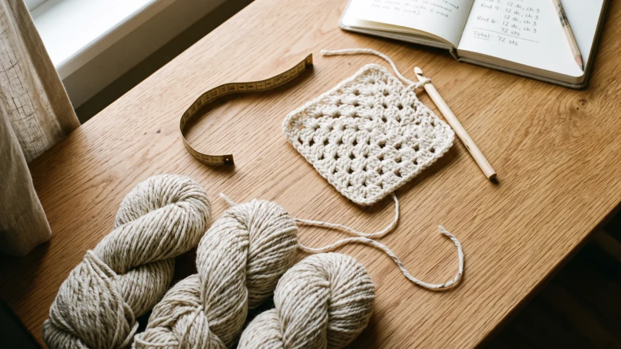 Overhead view of several skeins of cream worsted-weight yarn arranged beside a partly finished cream crochet blanket square, a curled fabric tape measure, and a small notebook with numbers jotted on it, on a wooden table.