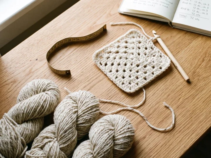 Overhead view of several skeins of cream worsted-weight yarn arranged beside a partly finished cream crochet blanket square, a curled fabric tape measure, and a small notebook with numbers jotted on it, on a wooden table.