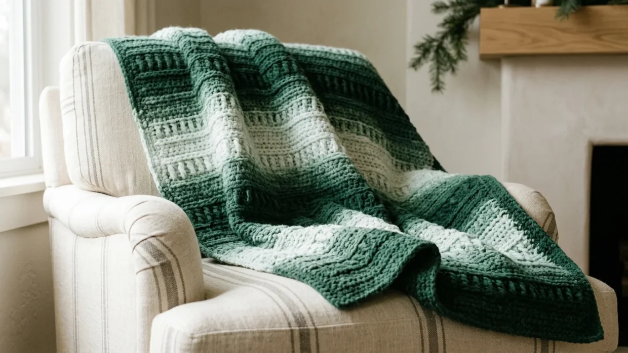 A throw-size crochet blanket draped over a cream armchair, fading from dark green to pale and back, with raised post-stitch texture.