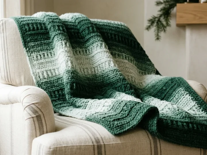 A throw-size crochet blanket draped over a cream armchair, fading from dark green to pale and back, with raised post-stitch texture.