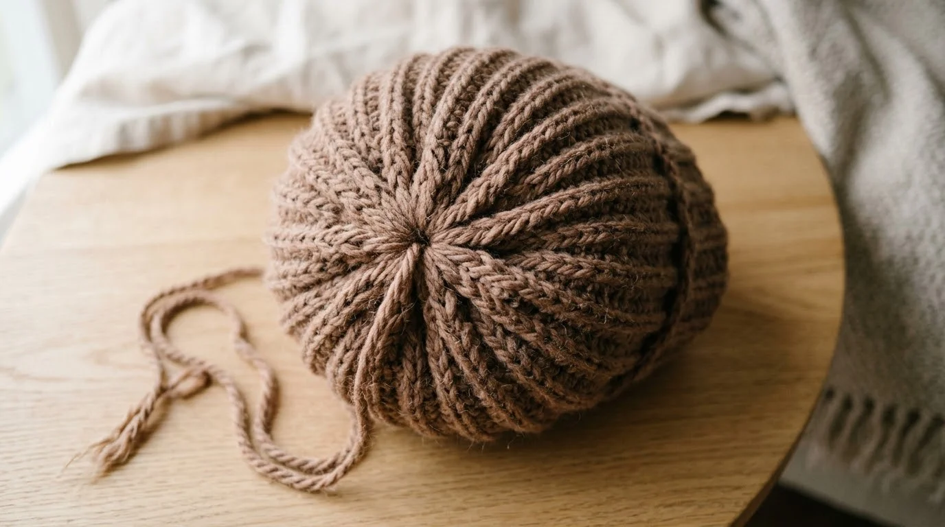 A hook in clay-coloured yarn passing around the upright post of a double crochet from the back to work a back post stitch.