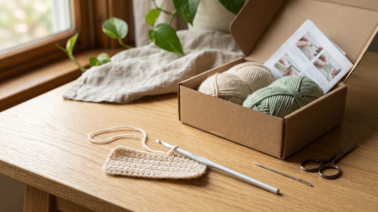 Overhead view of crochet kit contents on a wooden table: yarn, a hook, a yarn needle, stitch markers, scissors, a folded instruction sheet and a small tape measure.