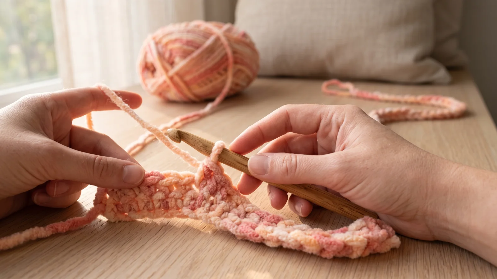 Finished peach and pink crocheted blanket lying flat on a wooden floor with a soft tape measure curved along one edge