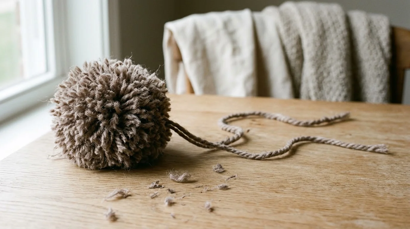 A band ring in clay-coloured yarn with a partial round of evenly spaced double crochet worked along its edge.