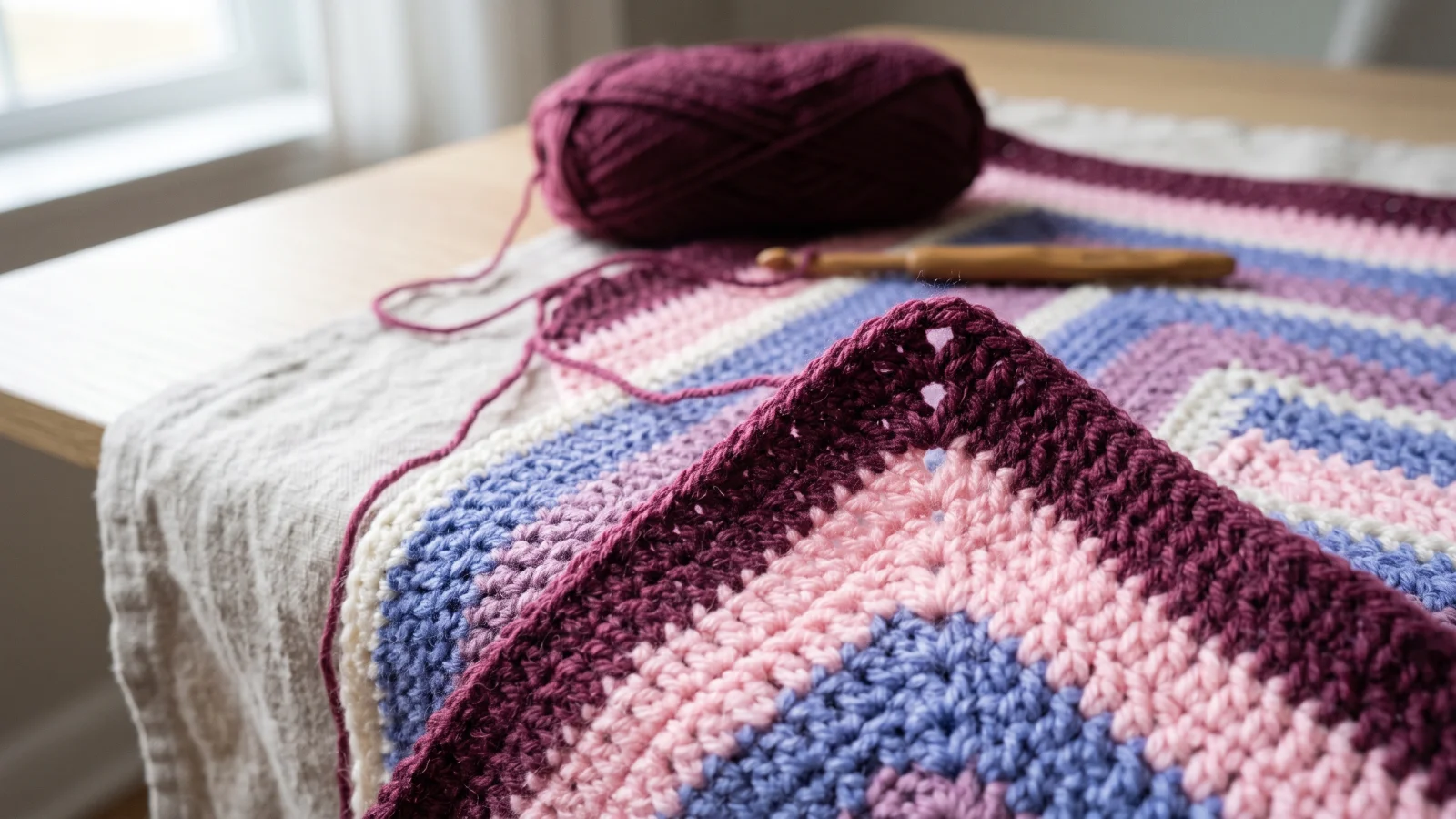 Overhead close-up of a small white crochet center with eight groups of three double crochet separated by chain spaces, beside a skein of soft pink yarn.