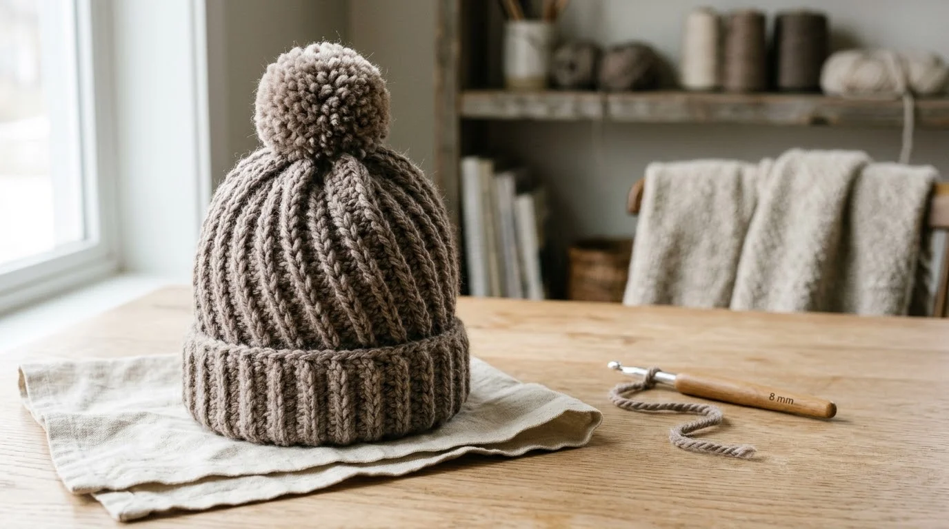 Two balls of clay-coloured yarn with a large 8 mm crochet hook lying across them on a light wooden table.