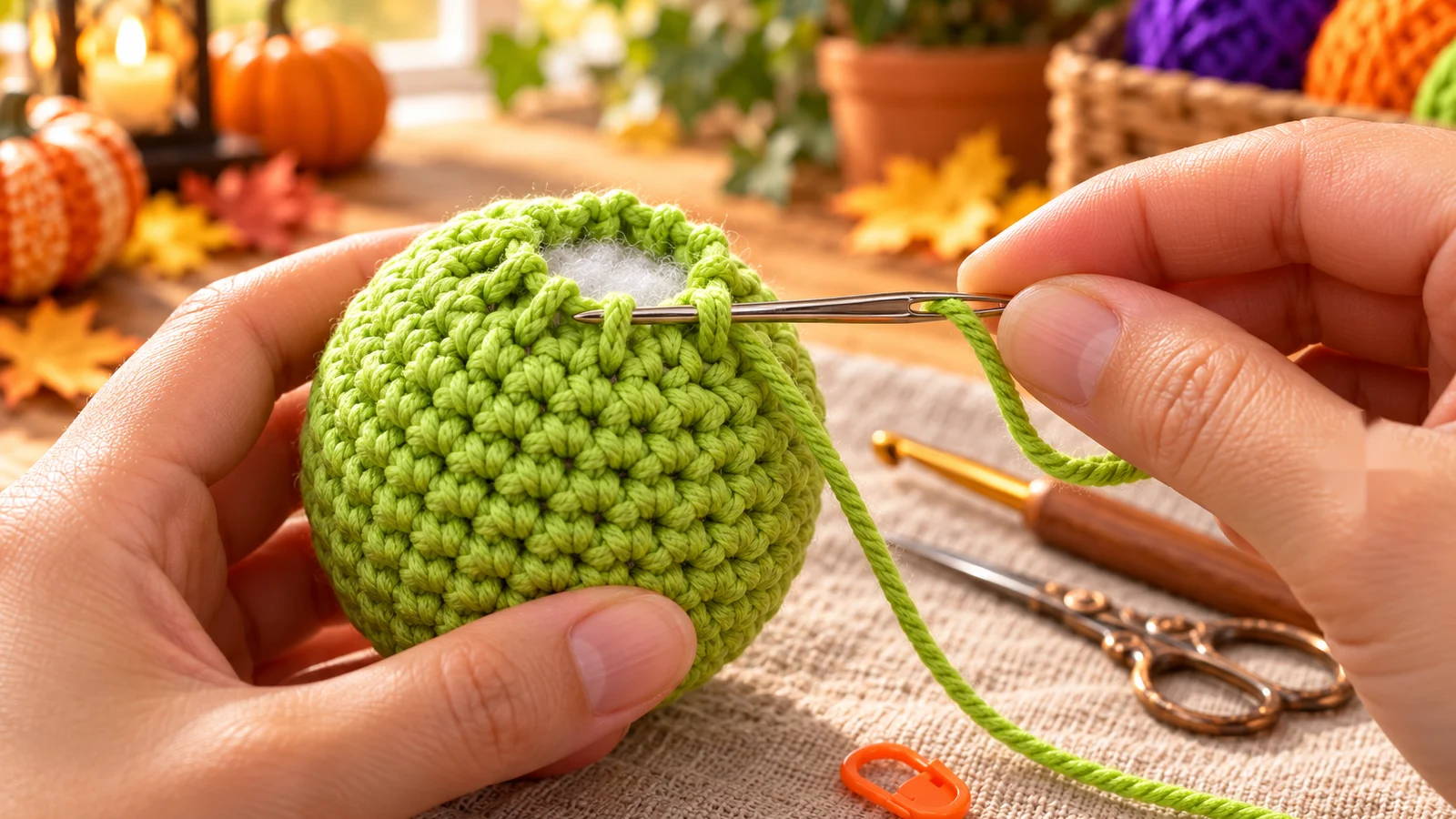 A yarn needle threaded with mint yarn passing through the front loops around the last round of a stuffed piece, gathering the opening closed.
