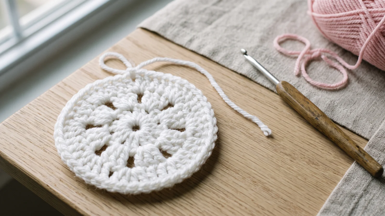 Close-up of a crochet blanket corner in plum wine with paired decreases on either side of a chain-2 space, over pink and white rounds.