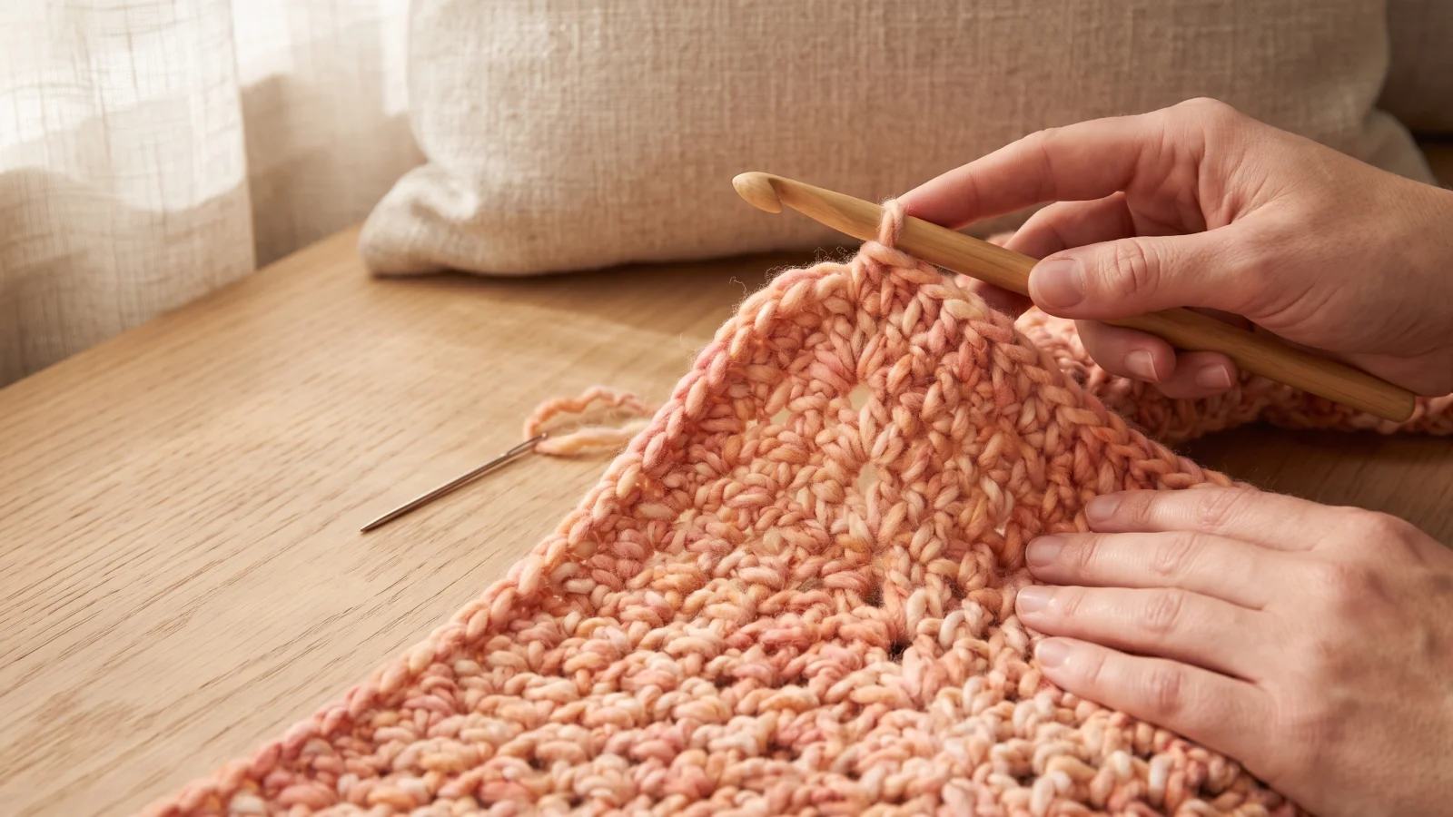Corner of a crocheted blanket with a single crochet edging turning flat around the corner and a hook at the corner stitch