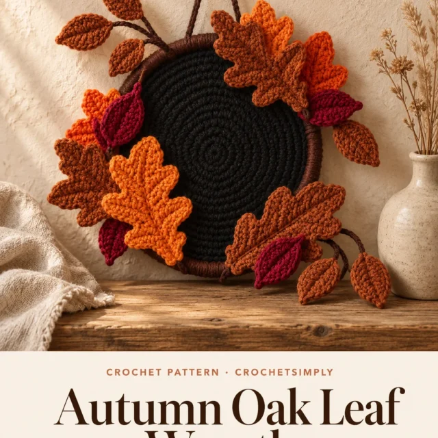 Cover of the Autumn Oak Leaf Wreath crochet pattern: a black crocheted wreath with sienna leaves on wire branches leaning against a plaster wall, above an ivory panel reading Autumn Oak Leaf Wreath, An intermediate crochet pattern with oak leaves, CROCHET PATTERN · CROCHETSIMPLY.