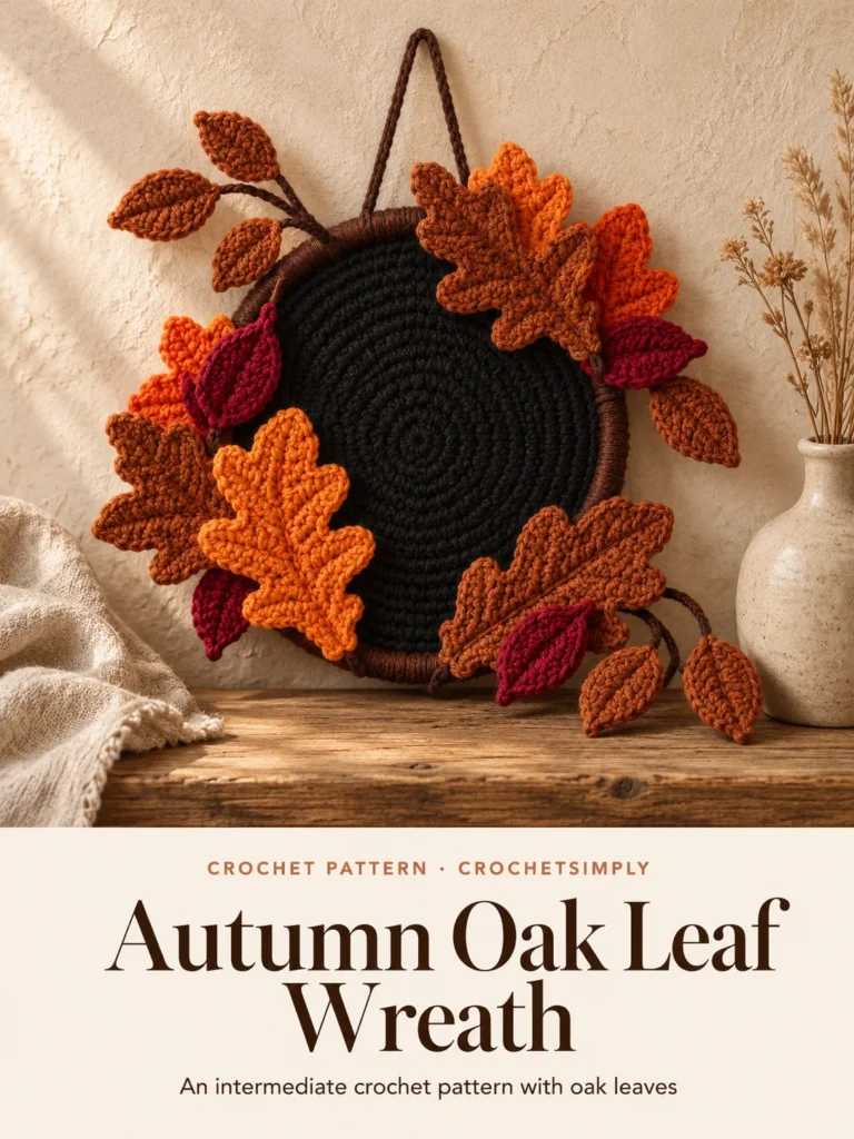 Cover of the Autumn Oak Leaf Wreath crochet pattern: a black crocheted wreath with sienna leaves on wire branches leaning against a plaster wall, above an ivory panel reading Autumn Oak Leaf Wreath, An intermediate crochet pattern with oak leaves, CROCHET PATTERN · CROCHETSIMPLY.