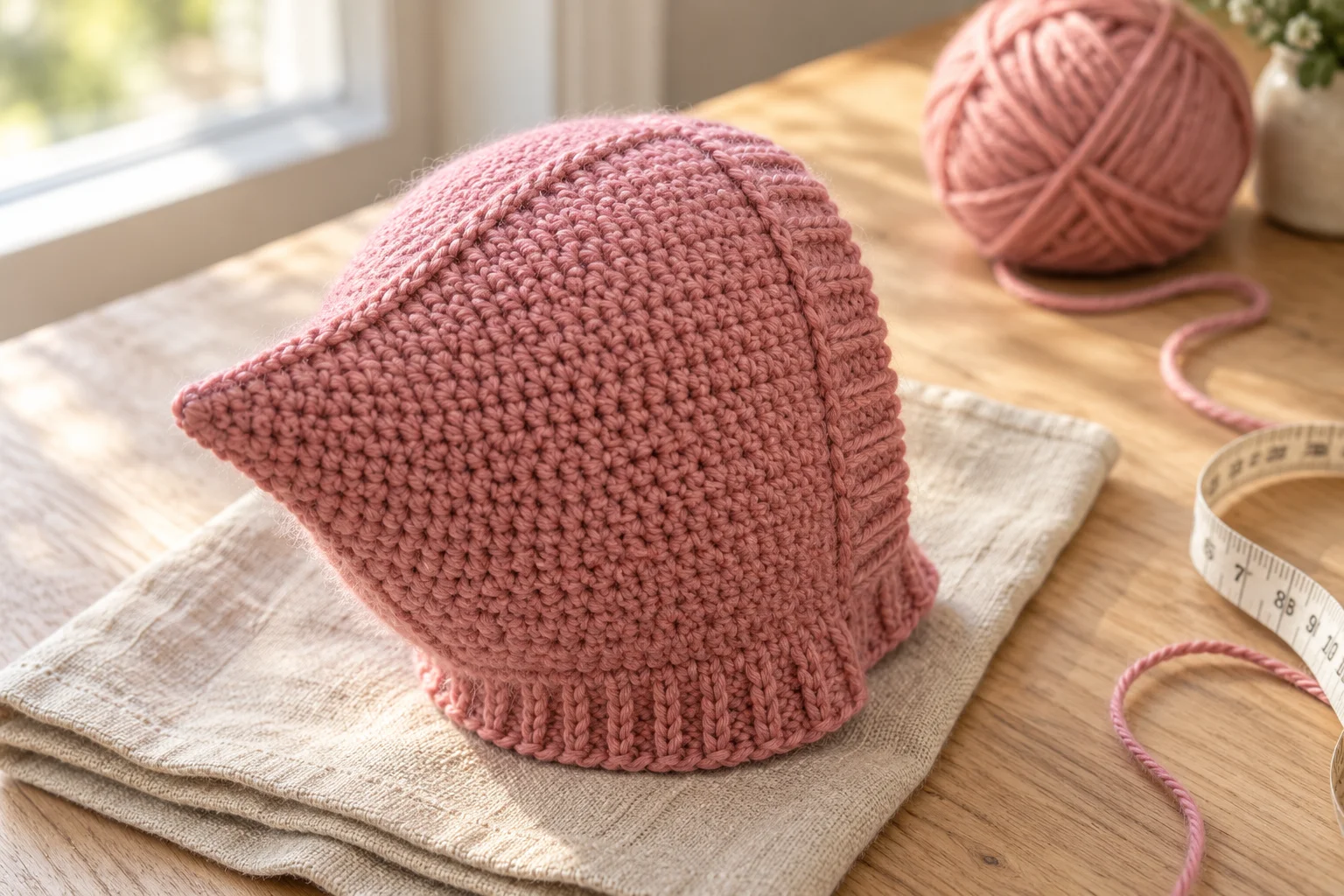 The back of a finished dusty rose crochet bonnet showing the soft point at the top of the fold and the seam line.