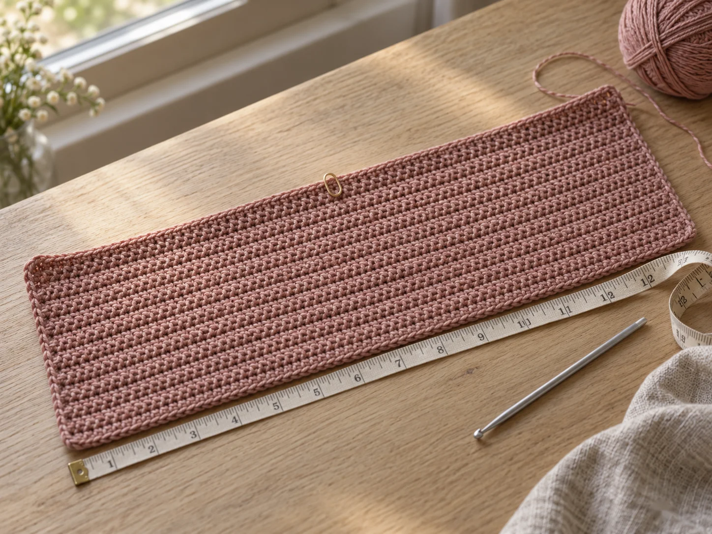 A flat dusty rose crochet rectangle on a wooden table with a tape measure along its width and a stitch marker in the center of the top row.