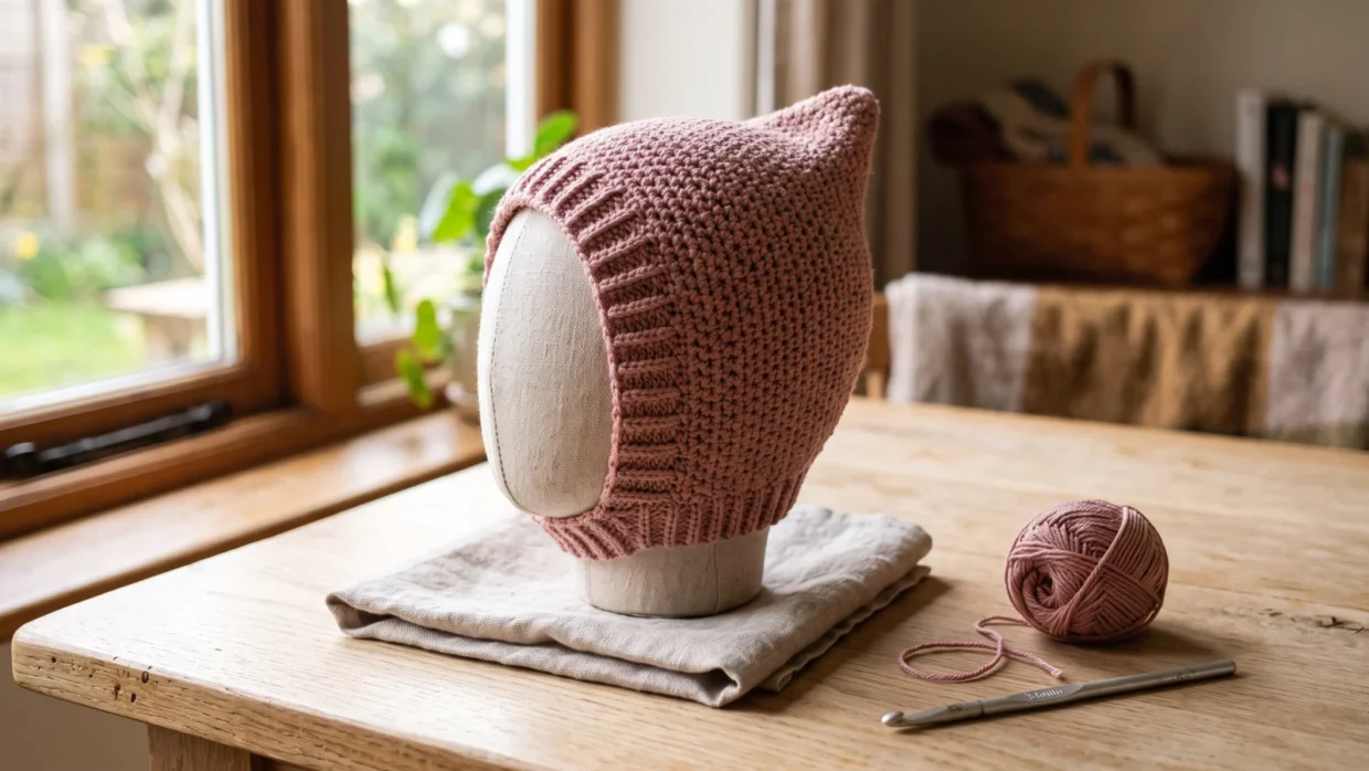 A dusty rose crochet baby bonnet standing on a small linen head form, showing the ribbed edge and a soft point at the back.