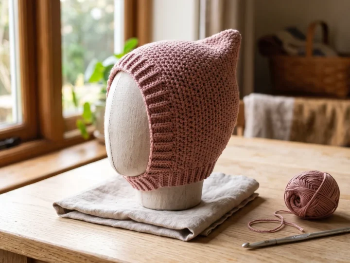 A dusty rose crochet baby bonnet standing on a small linen head form, showing the ribbed edge and a soft point at the back.