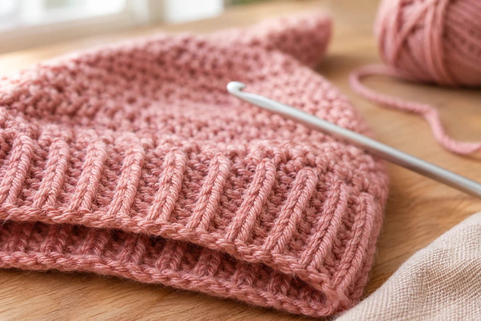 Close-up of the ribbed edge of a dusty rose crochet bonnet showing straight vertical ribs and a small crochet hook resting on the fabric.