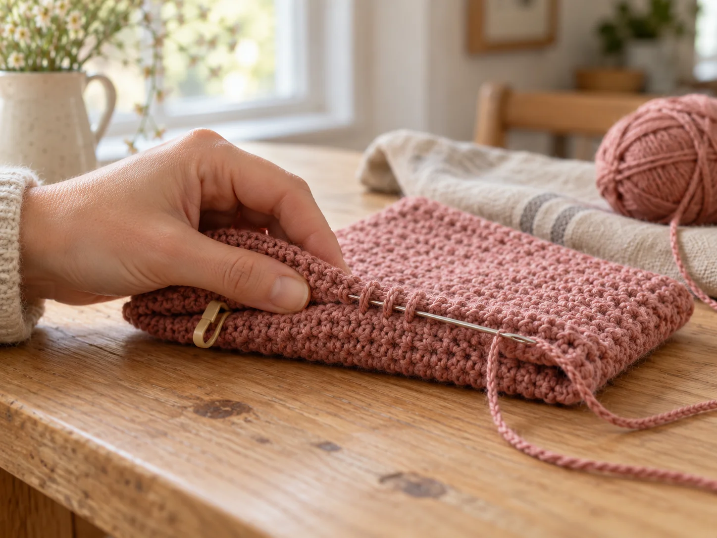 The crochet rectangle folded in half with the top edges lined up and a yarn needle starting a whipstitch seam at the face edge.