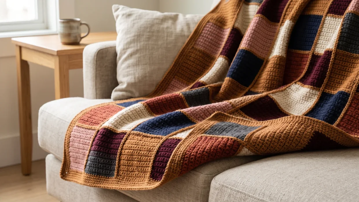 A finished crochet blanket of joined squares in two color-shifting colorways draped over the arm of a sofa, with a plain border.