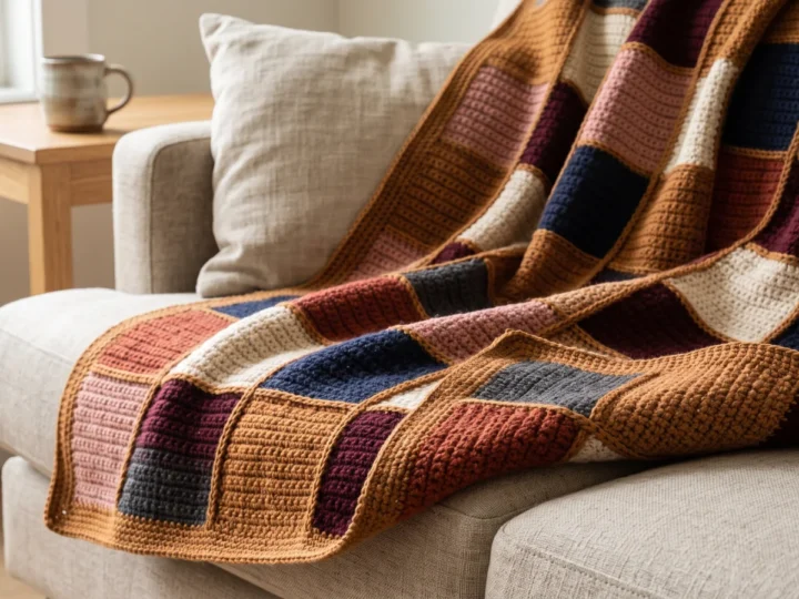 A finished crochet blanket of joined squares in two color-shifting colorways draped over the arm of a sofa, with a plain border.