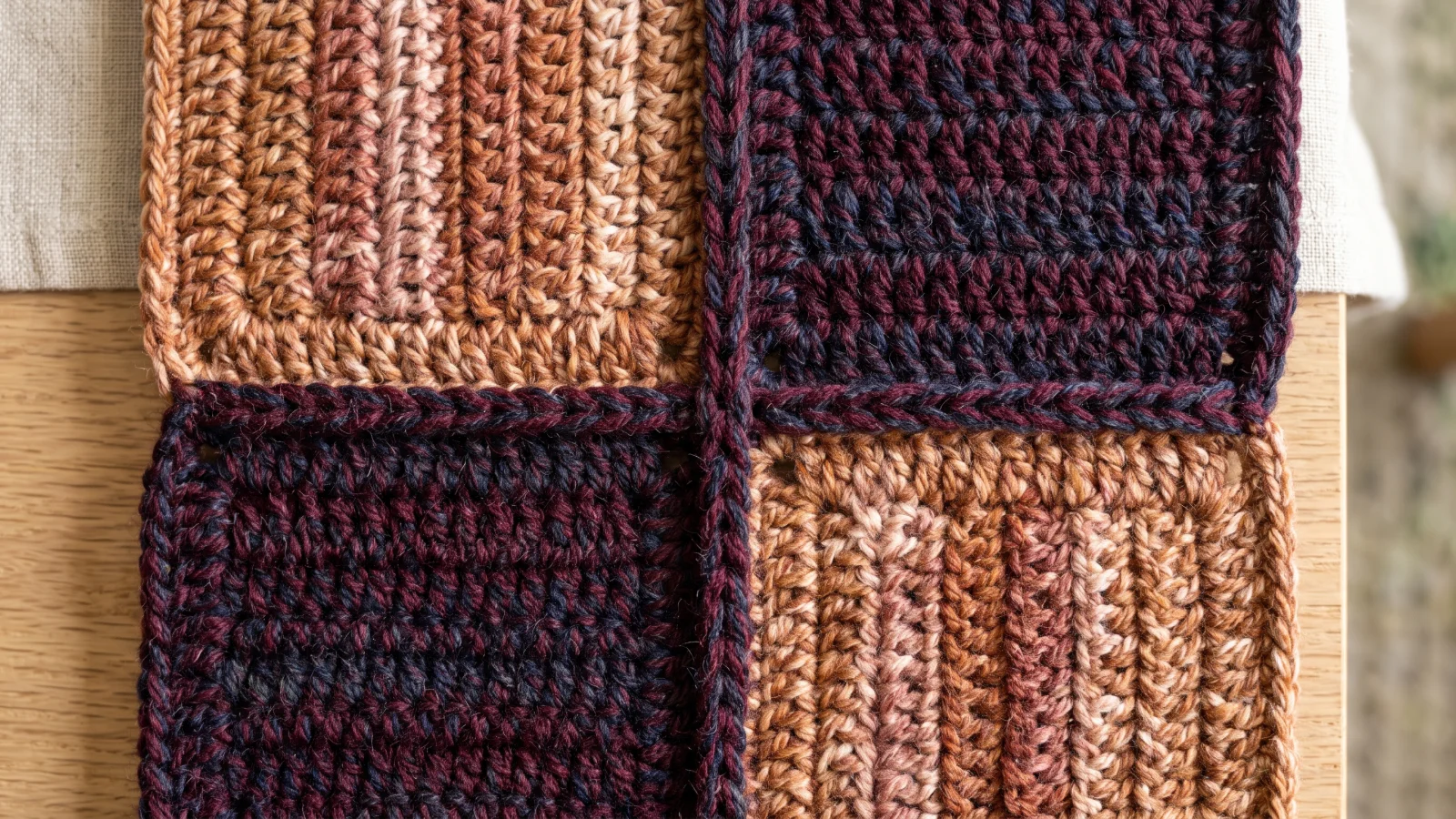 A corner of the finished blanket showing the single crochet border with a corner group and the joined squares behind it.