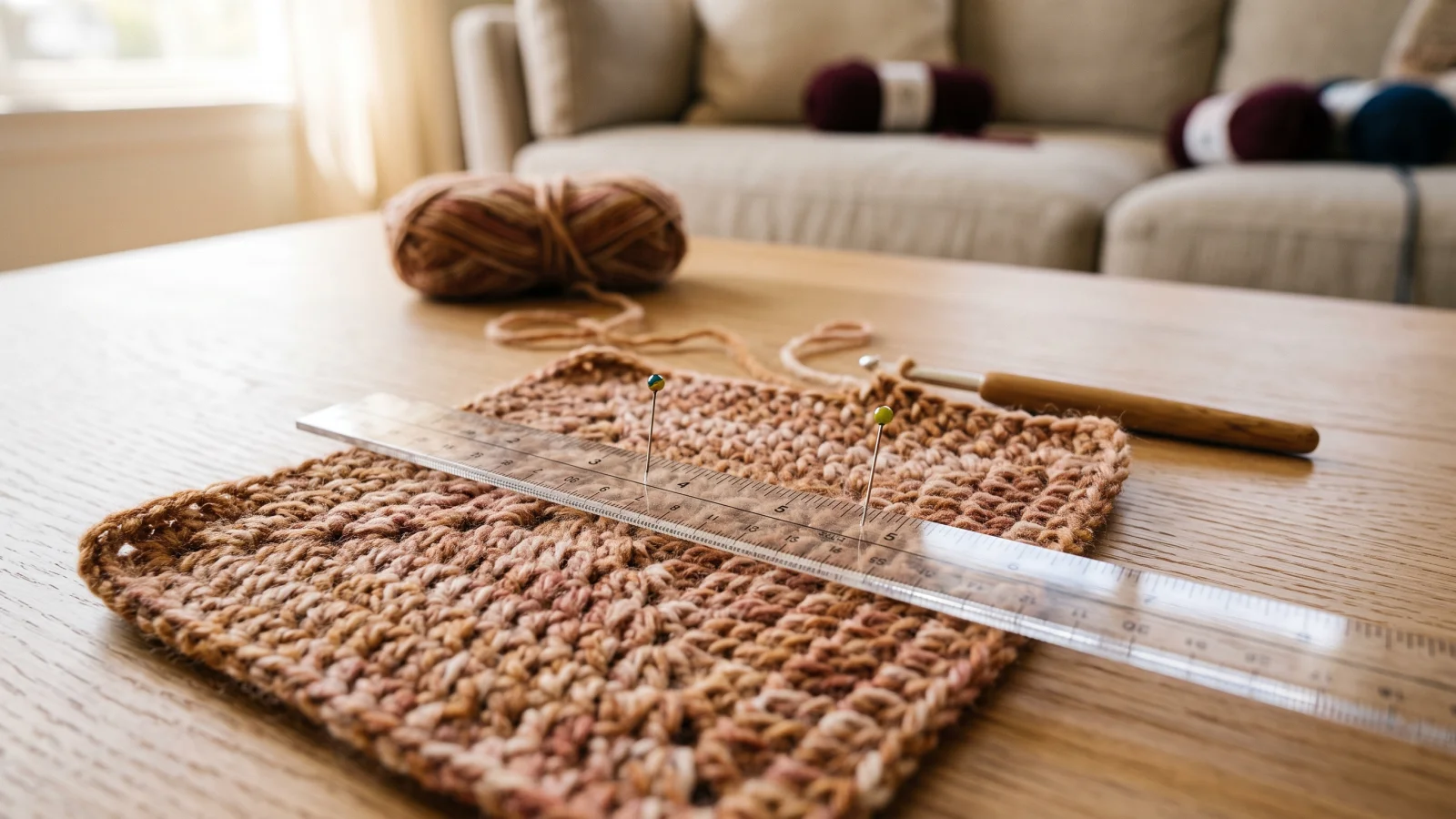 Nine finished squares laid in three rows of three on an oak table, alternating warm and jewel-toned squares with streaks running up and down in some and side to side in others.