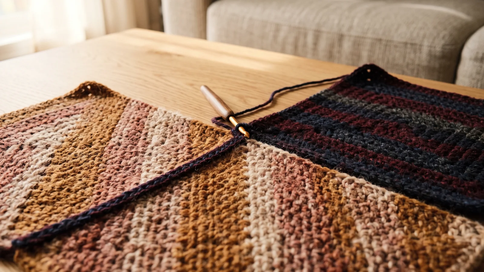 Two balls of color-shifting yarn in warm and jewel-toned colorways with a 5.5 mm crochet hook, yarn needle, scissors and a tape measure on an oak table.