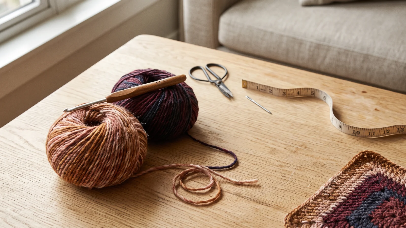 A strip of seven joined squares alternating warm and jewel-toned colorways, laid flat beside a tape measure.