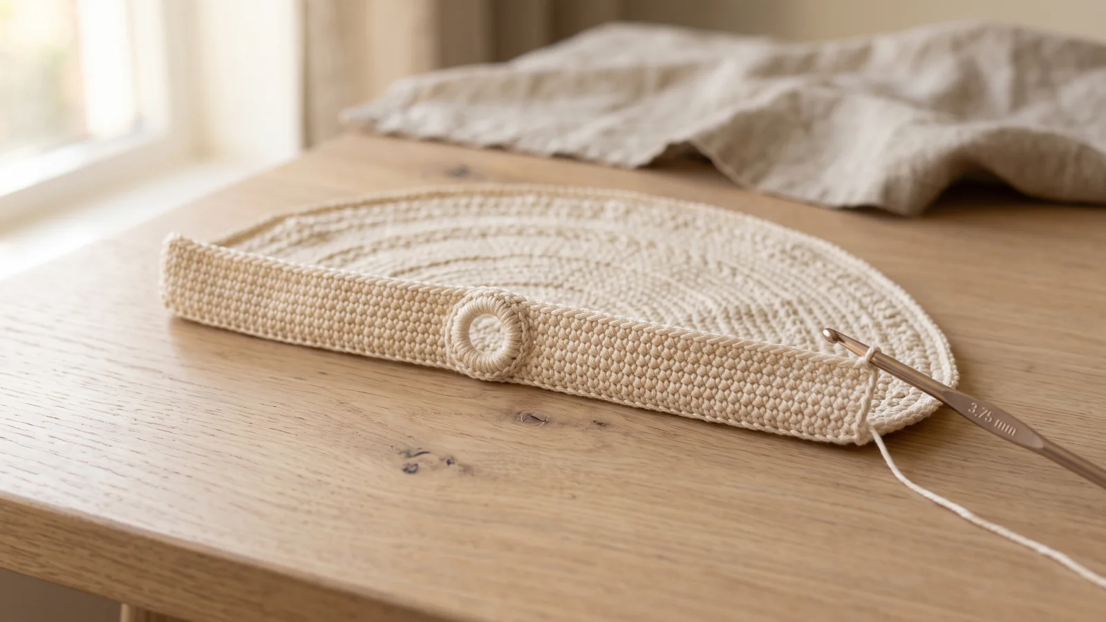 A close-up of a twisted rope-like reverse single crochet edge joining the flap to the back along their matched top edges, with clips holding the layers.