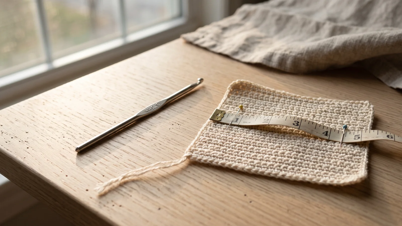 The flap with a straight band of eight rows worked along its top edge, with the hook still in the last stitch.