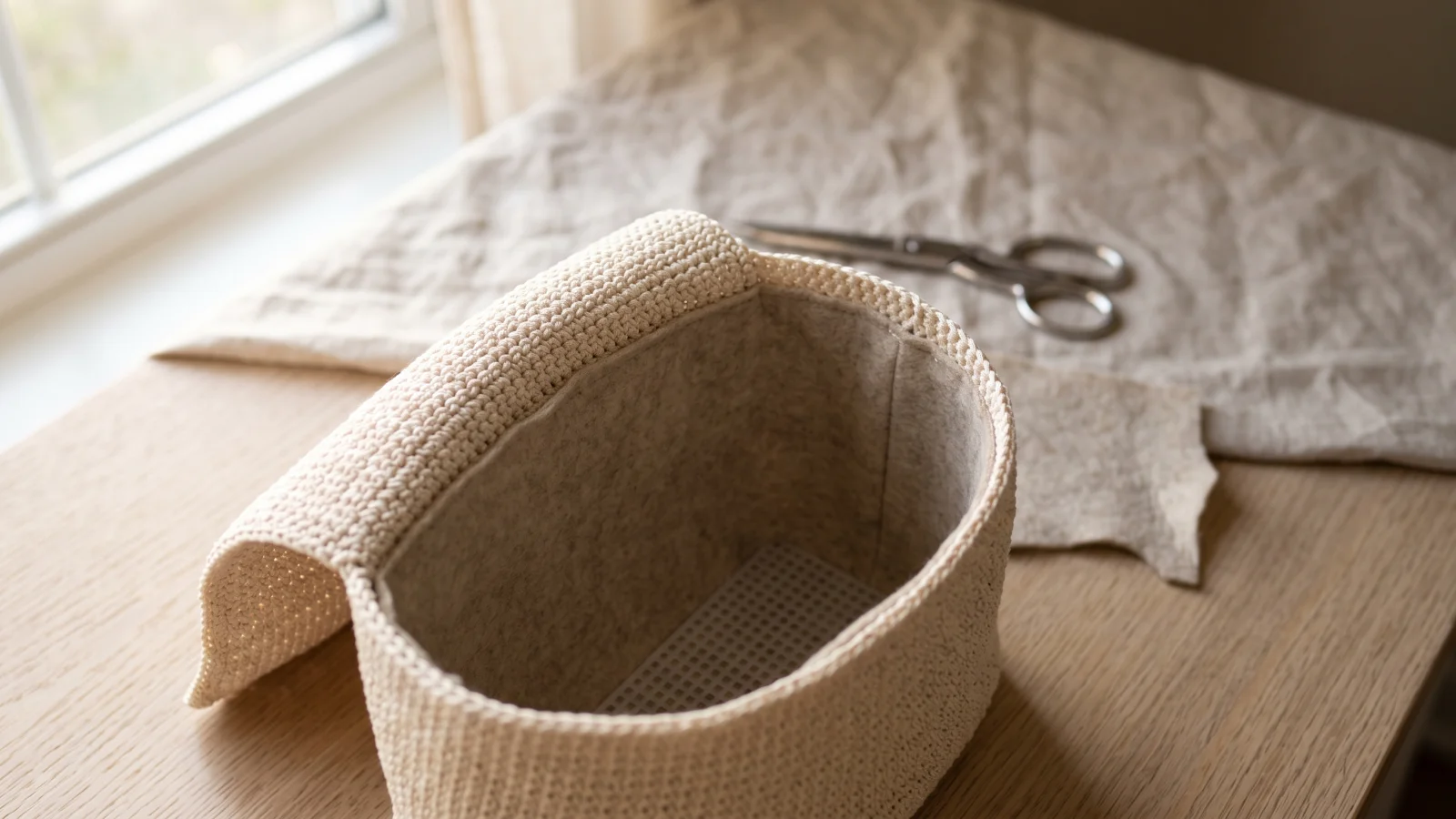 A flat single crochet swatch in cream nylon with a measuring tape laid across it showing a 4 inch span between two pins.