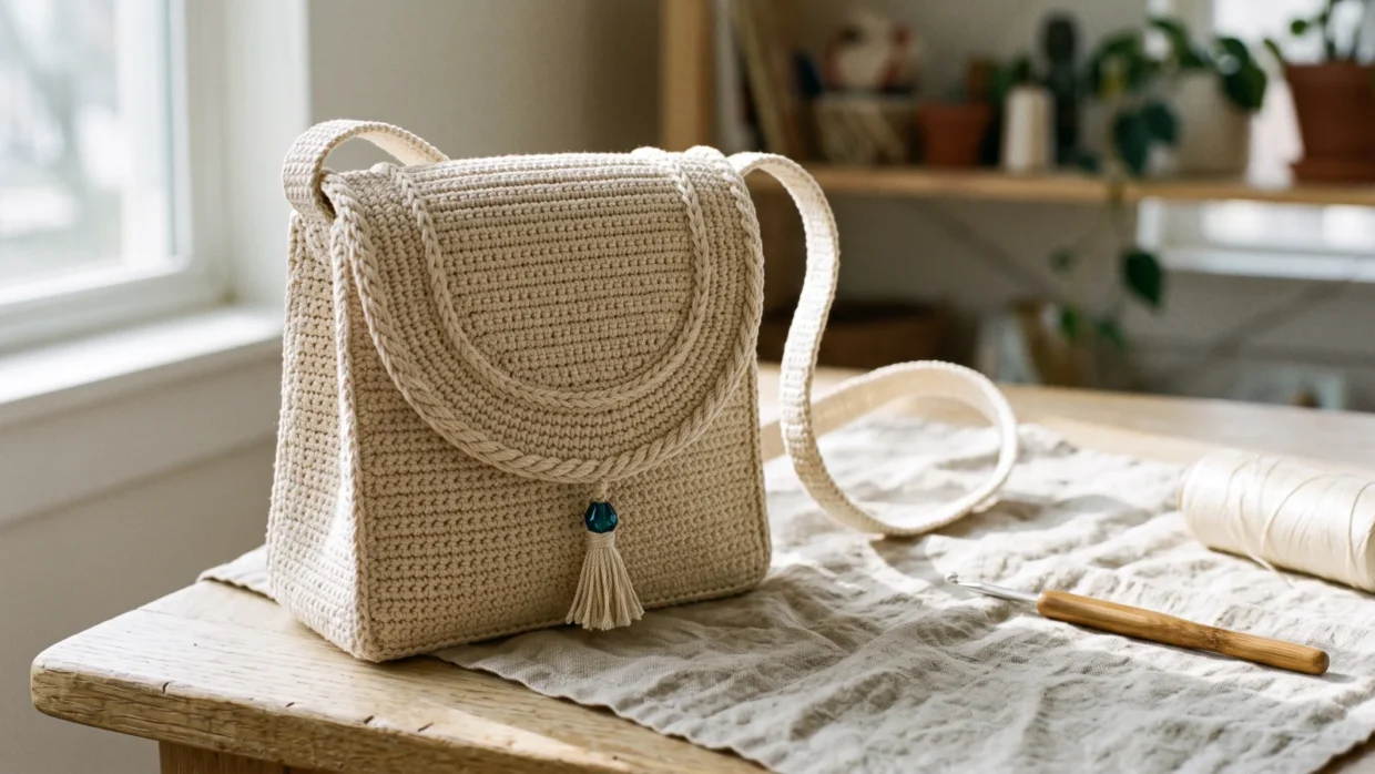 A finished natural-colored crochet cross body bag with a rounded flap, a curved line of thick slip stitches, a jeweled tassel and a narrow strap.