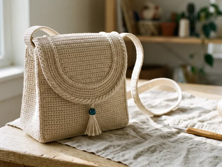 A finished natural-colored crochet cross body bag with a rounded flap, a curved line of thick slip stitches, a jeweled tassel and a narrow strap.