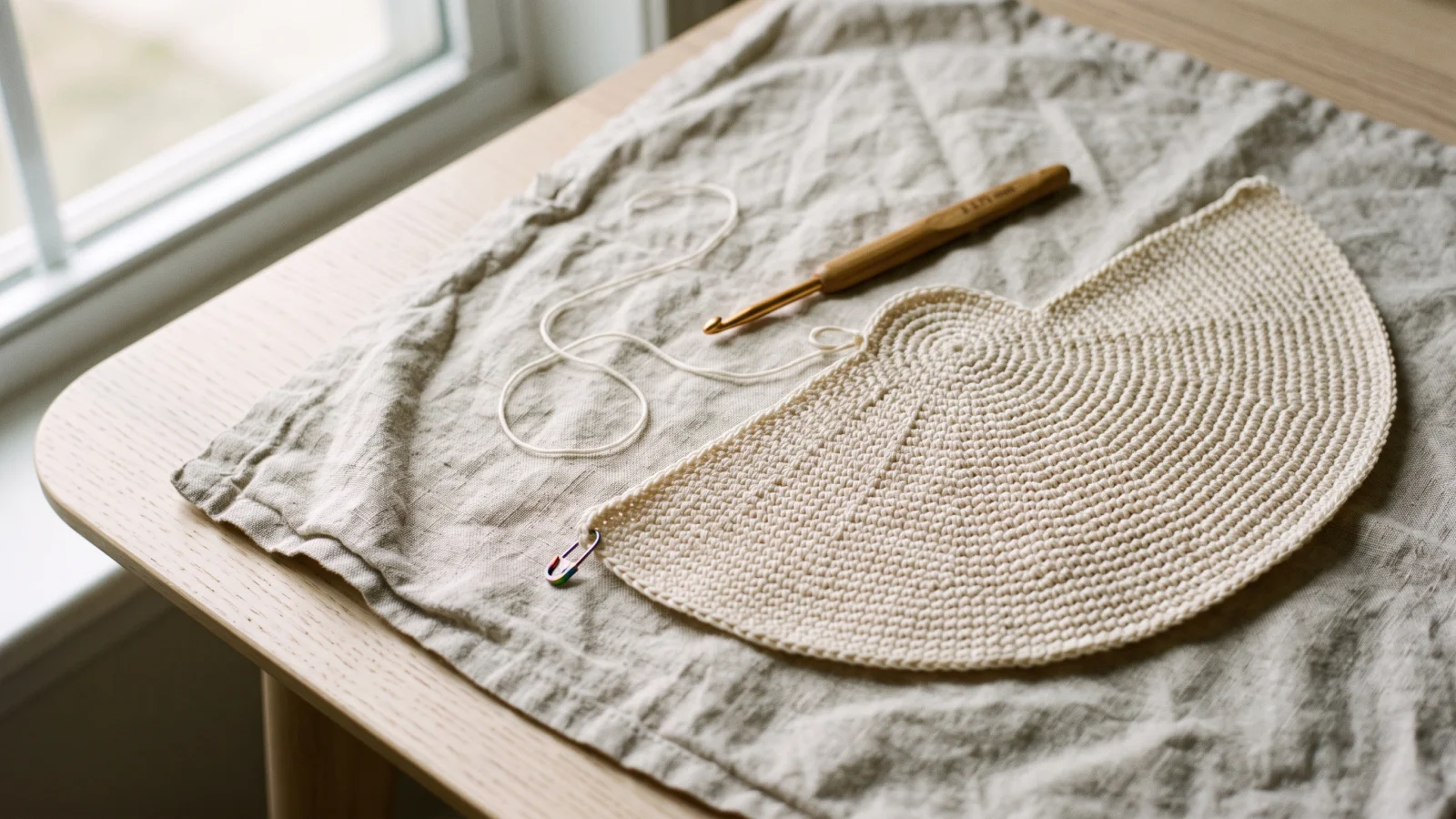 One end of the narrow strap overlapping the outside of the sides panel at a top corner of the bag and sewn on with a yarn needle.