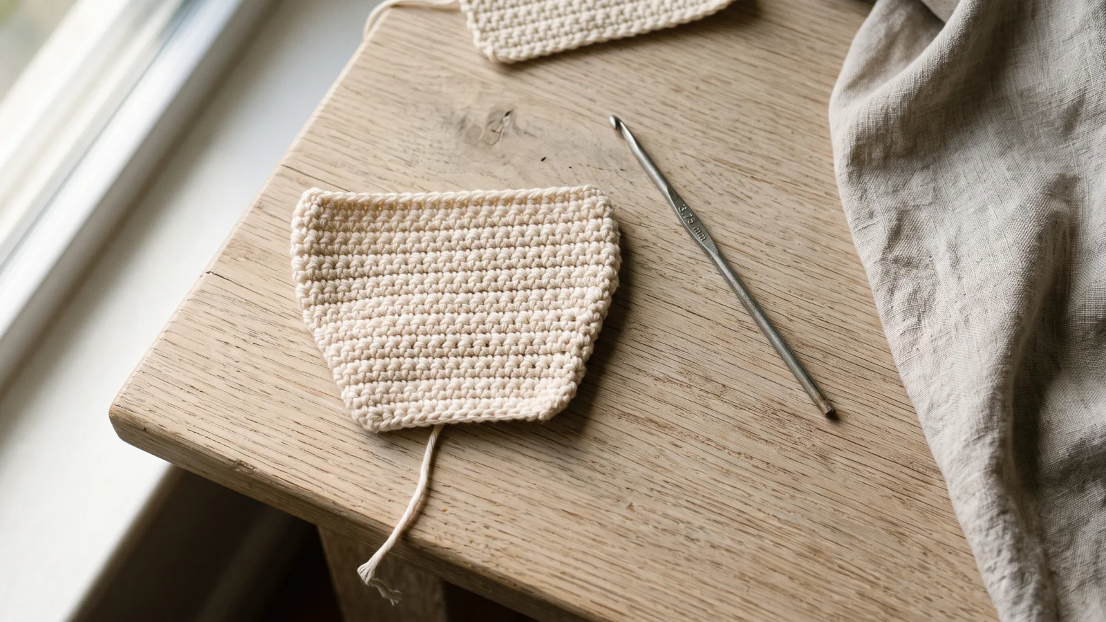 A close-up of a thick curved line of surface slip stitches worked with three strands of nylon held together across the flap.